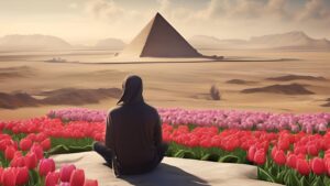 persoon die ontspannen op een rots zit en uitkijkt over een uitgestrekt landschap, met op de achtergrond een mix van Nederlandse tulpenvelden en een Egyptische piramide.